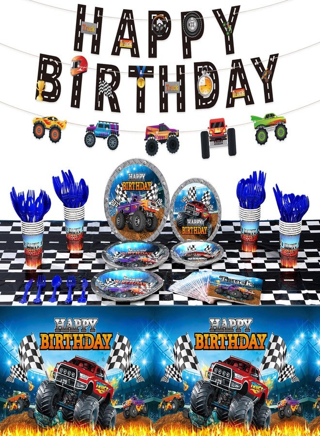 Sabary 173 Pcs Monster Truck Birthday Party Supplies Serves 24, Monster Truck Tablecloth Banner Plates Napkins Tableware Set for Themed Birthday Party Decorations - Image 1